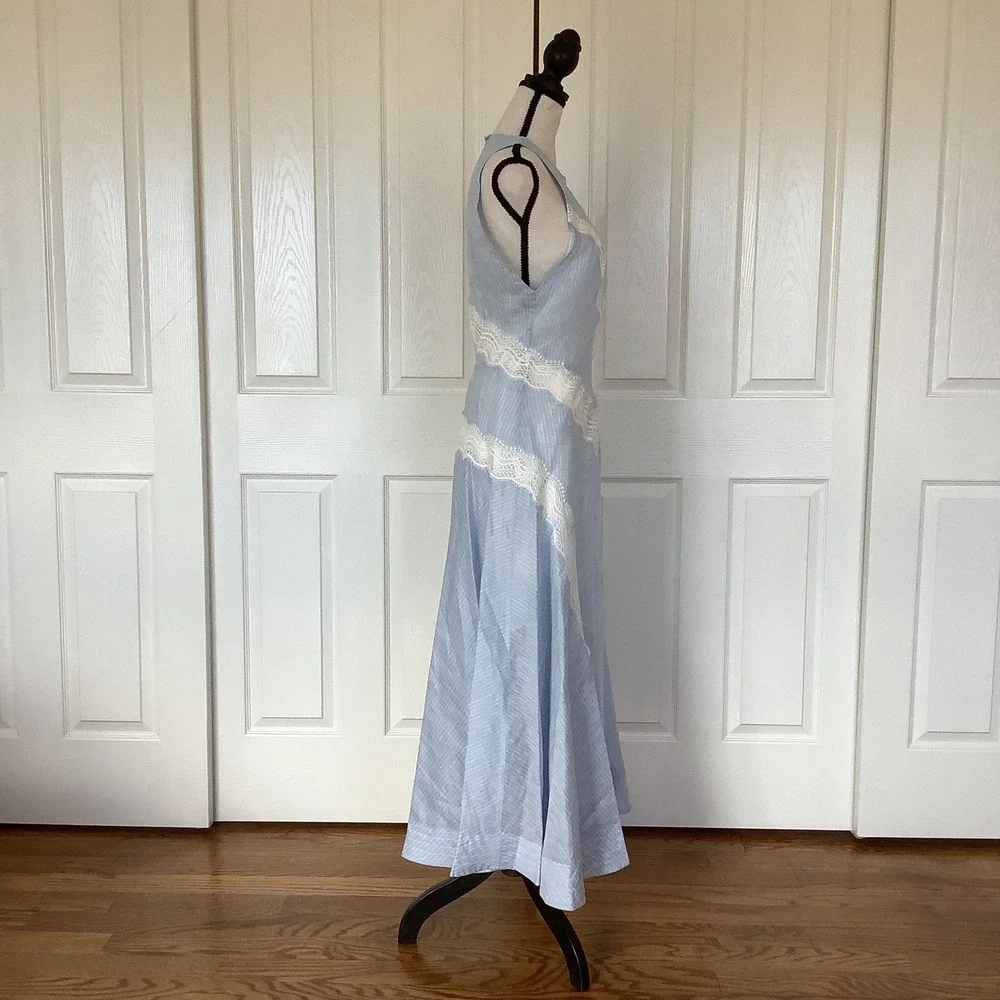 Sandro Nathalie Blue White Pinstripe Linen Lace Midi Dress Size 40 NWT - Picture 4 of 16